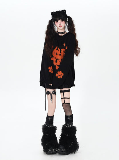 Crazy Girl Cute Cat Print Hooded Oversized Skin Friendly Women&