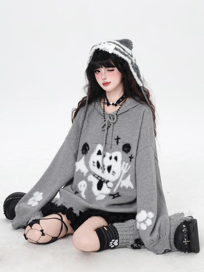 Crazy Girl Cute Cat Print Hooded Oversized Skin Friendly Women&