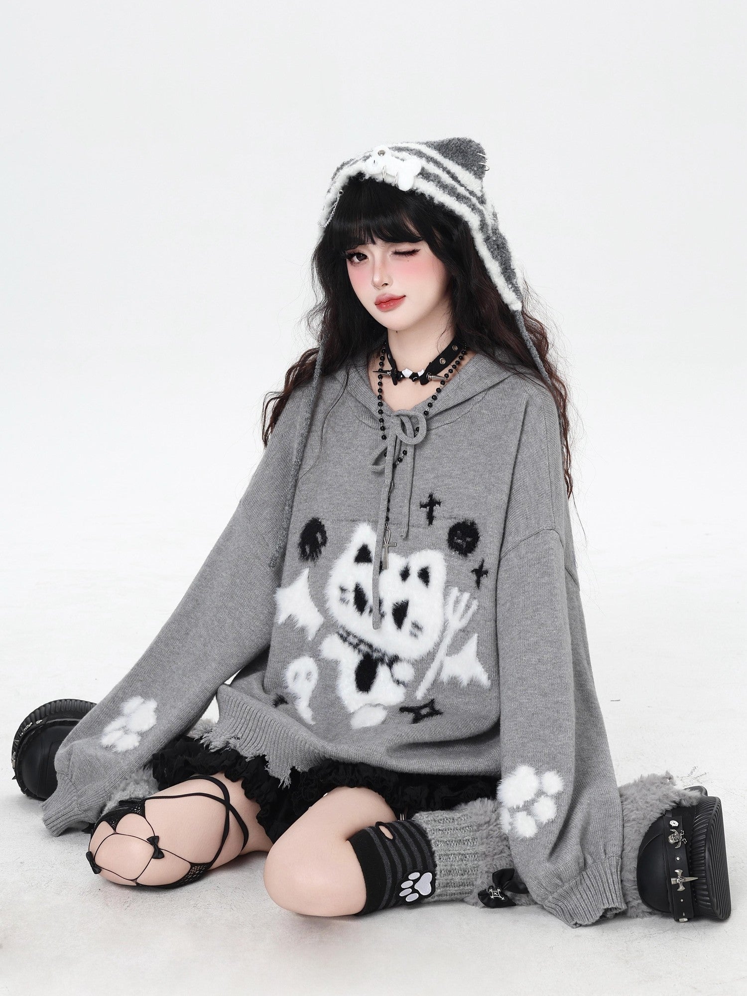 Crazy Girl Cute Cat Print Hooded Oversized Skin Friendly Women&