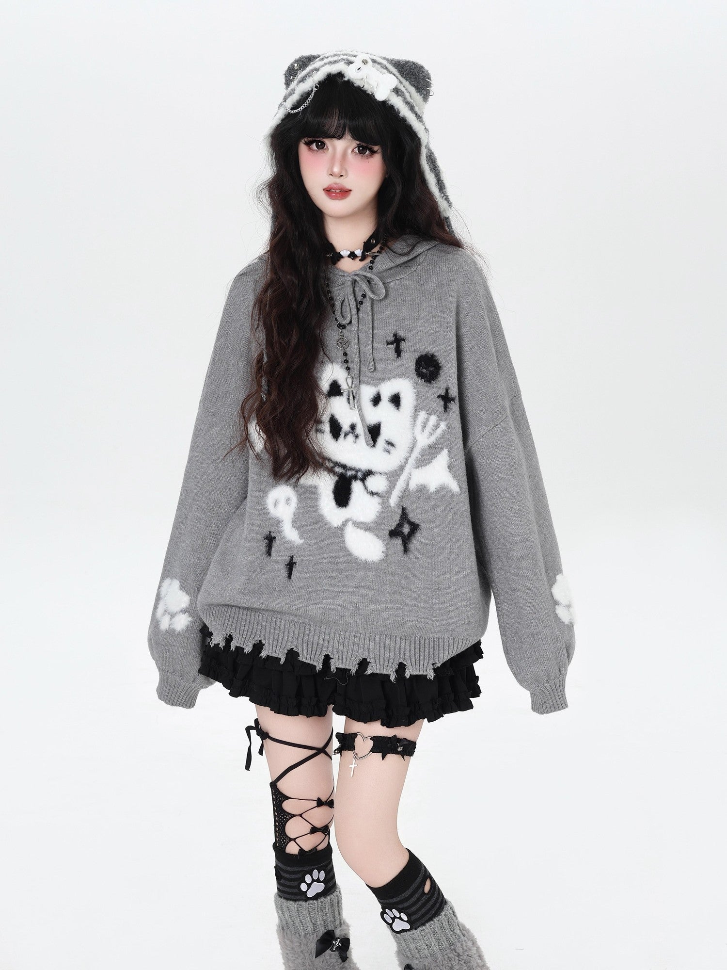 Crazy Girl Cute Cat Print Hooded Oversized Skin Friendly Women&