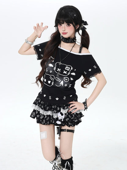 Crazy Girl Cute Kitty Cartoon Lined Lace Bow High Waist Elastic Women&