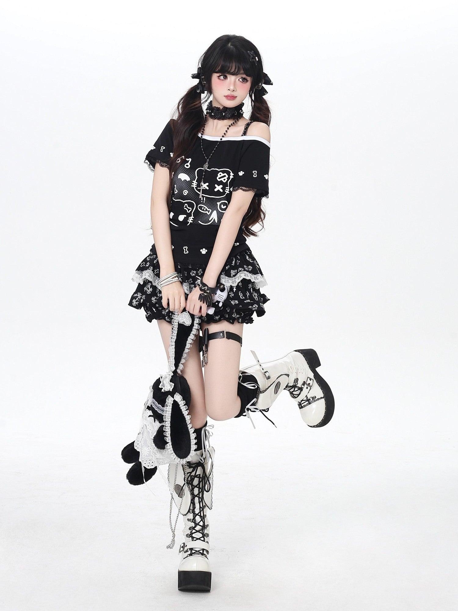 Crazy Girl Cute Kitty Cartoon Lined Lace Bow High Waist Elastic Women&