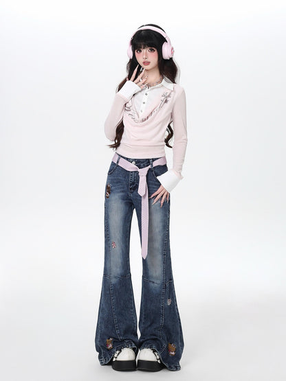 Crazy Girl Cute Machine Embroidered Cartoon Animal Slim Micro Stretch Women&