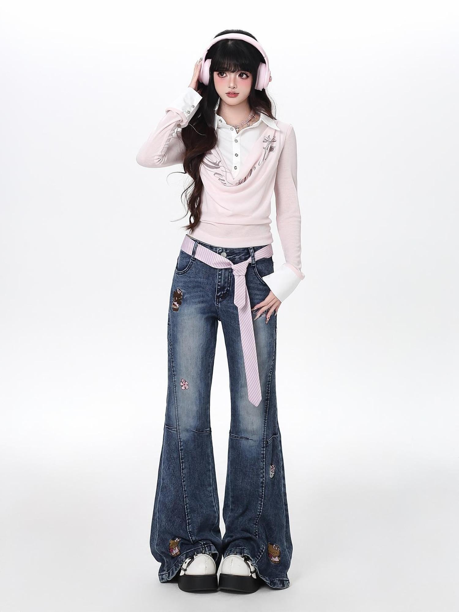 Crazy Girl Cute Machine Embroidered Cartoon Animal Slim Micro Stretch Women&