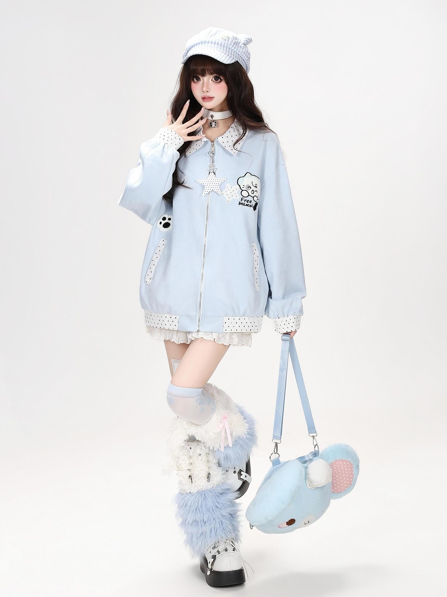 Crazy Girl Cute Polka Dot Patchwork Puppy Embroidered Loose Women&