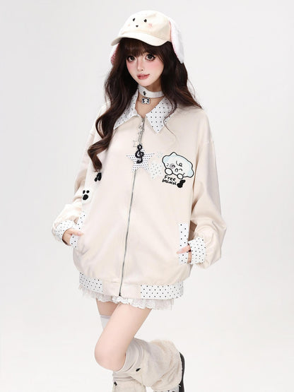 Crazy Girl Cute Polka Dot Patchwork Puppy Embroidered Loose Women&