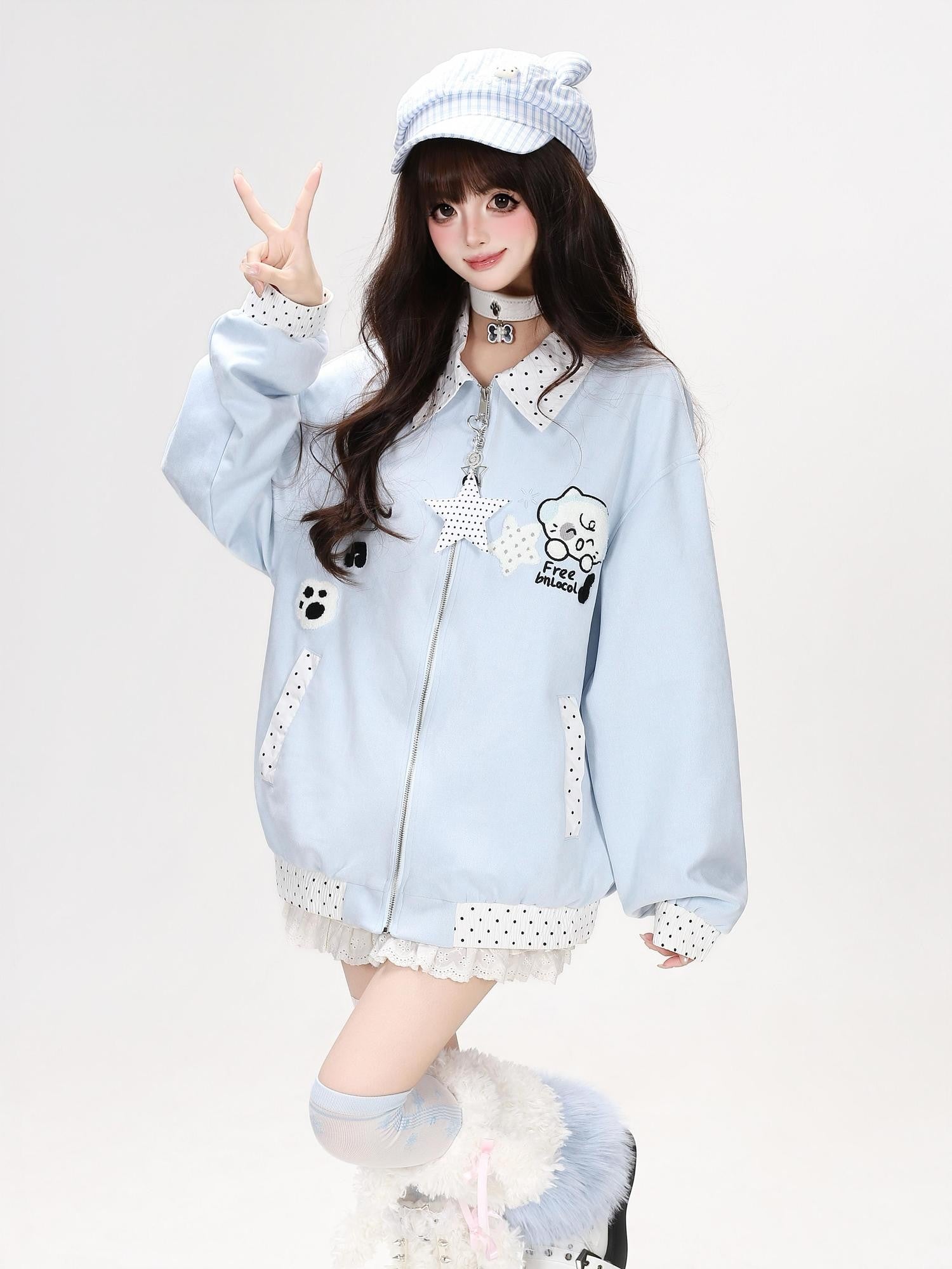 Crazy Girl Cute Polka Dot Patchwork Puppy Embroidered Loose Women&