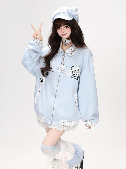 Crazy Girl Cute Polka Dot Patchwork Puppy Embroidered Loose Women&