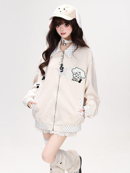 Crazy Girl Cute Polka Dot Patchwork Puppy Embroidered Loose Women&