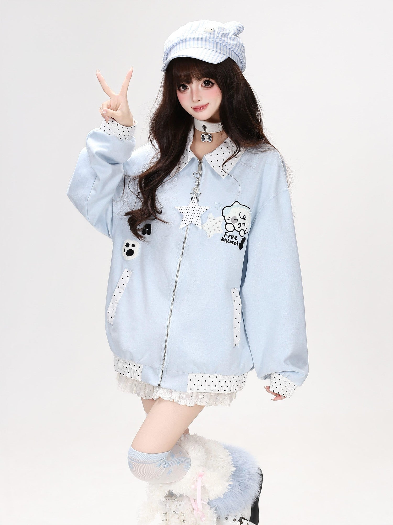 Crazy Girl Cute Polka Dot Patchwork Puppy Embroidered Loose Women&