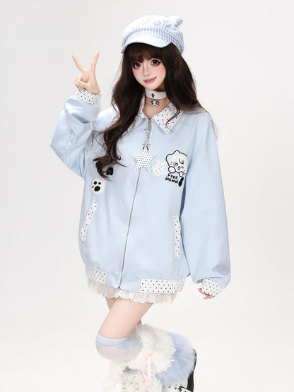 Crazy Girl Cute Polka Dot Patchwork Puppy Embroidered Loose Women&