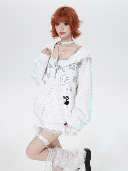 Crazy Girl Cute Polka Dot Stripe Hooded Loose Zip Front Women&