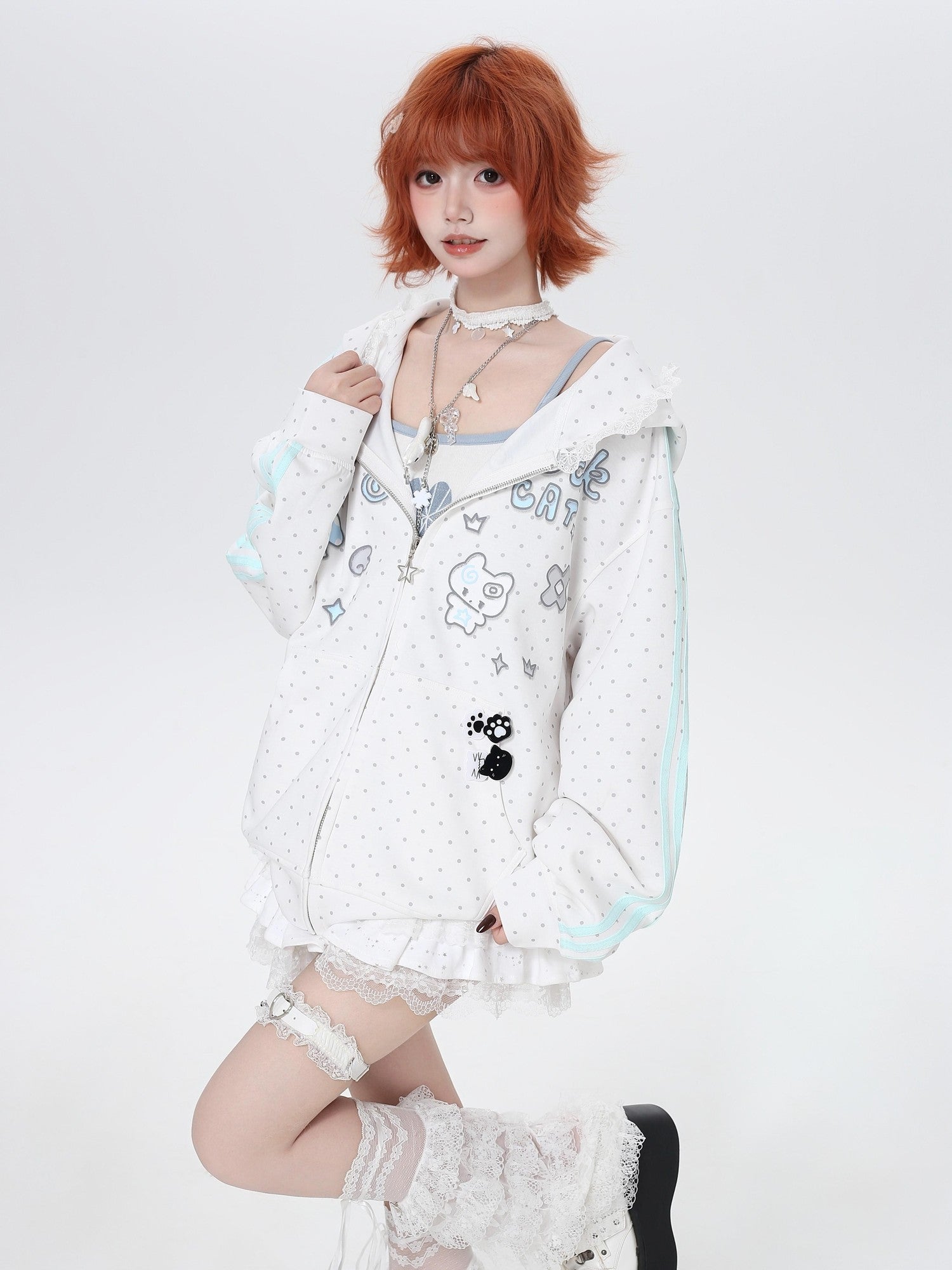 Crazy Girl Cute Polka Dot Stripe Hooded Loose Zip Front Women&
