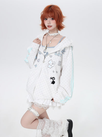 Crazy Girl Cute Polka Dot Stripe Hooded Loose Zip Front Women&