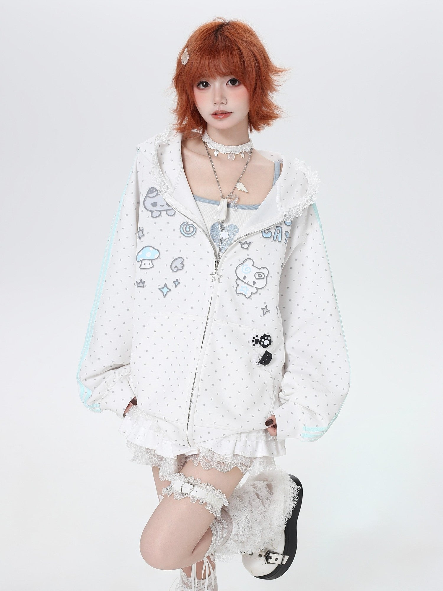 Crazy Girl Cute Polka Dot Stripe Hooded Loose Zip Front Women&