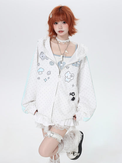 Crazy Girl Cute Polka Dot Stripe Hooded Loose Zip Front Women&