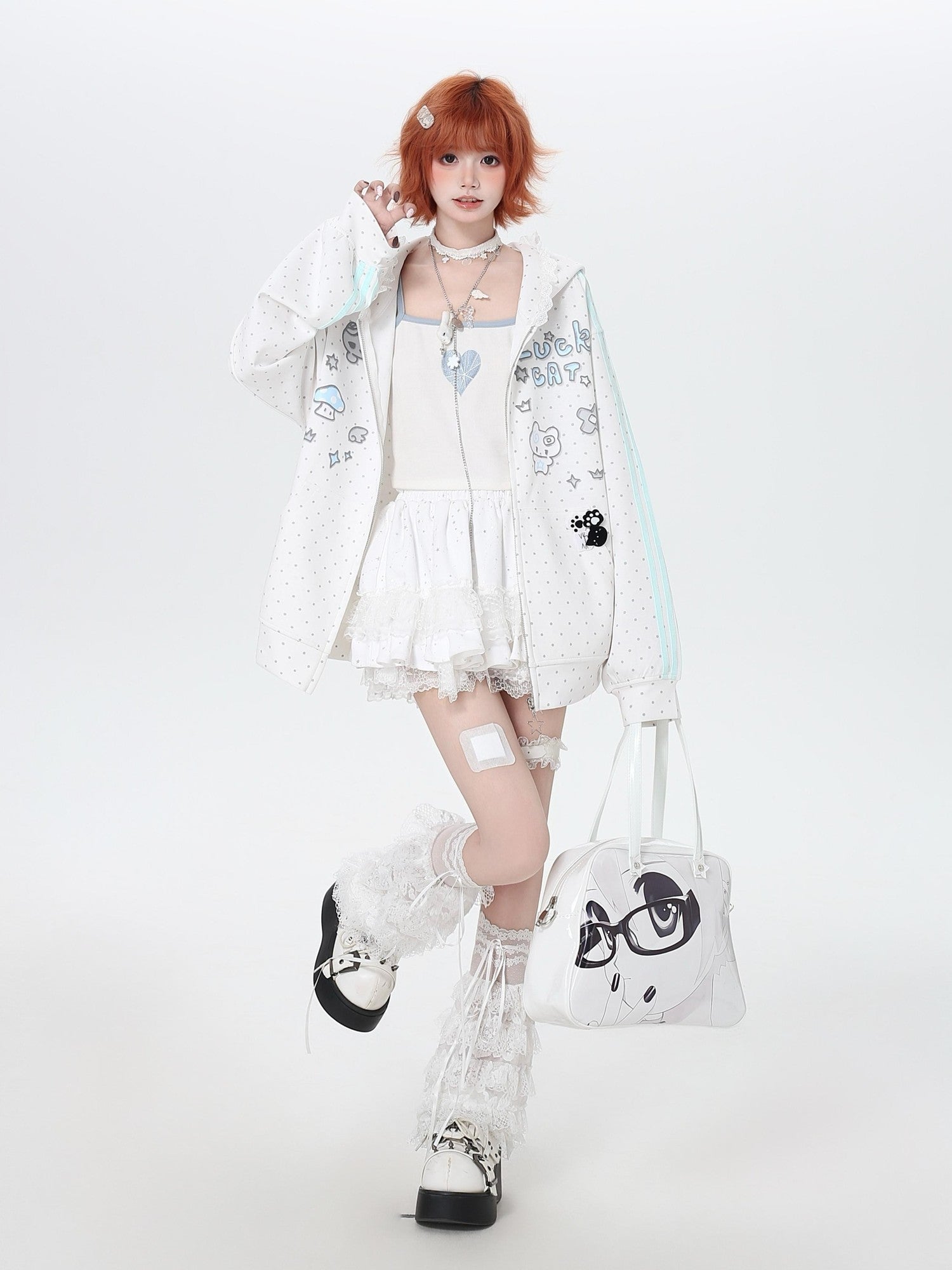 Crazy Girl Cute Polka Dot Stripe Hooded Loose Zip Front Women&