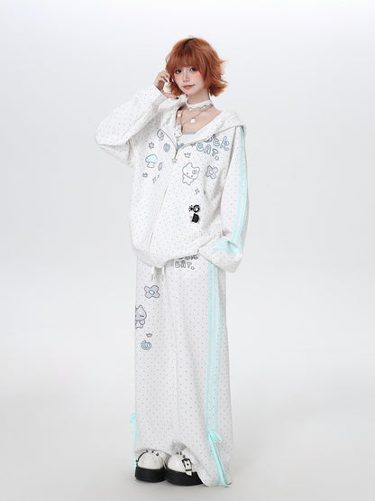 Crazy Girl Cute Polka Dot Stripe Hooded Loose Zip Front Women&