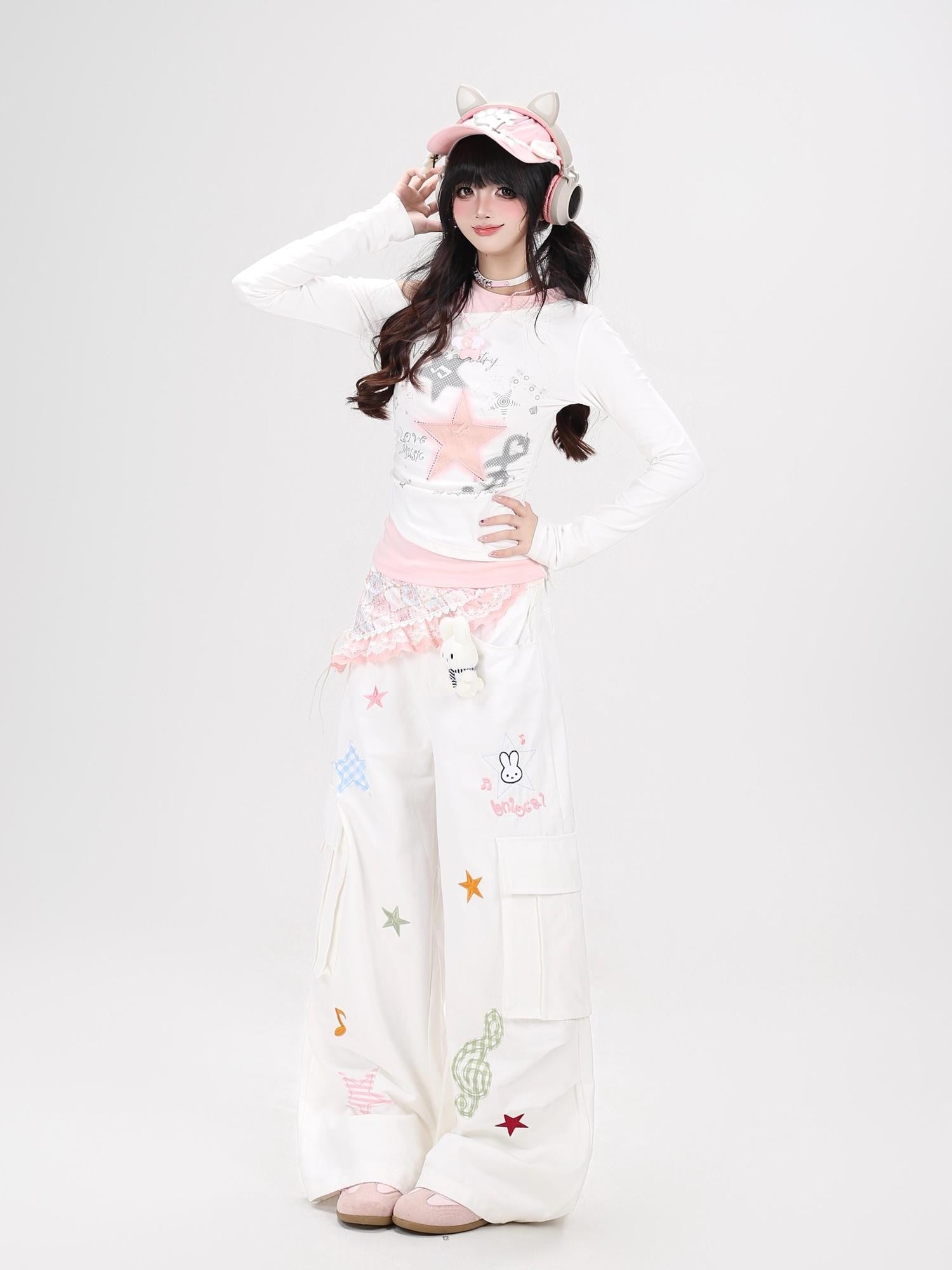 Crazy Girl Cute Rabbit Charm High Waist Music Note Embroidery Star Women&