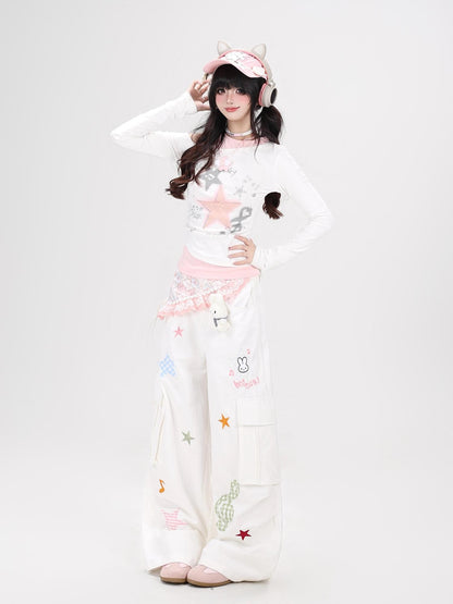 Crazy Girl Cute Rabbit Charm High Waist Music Note Embroidery Star Women&