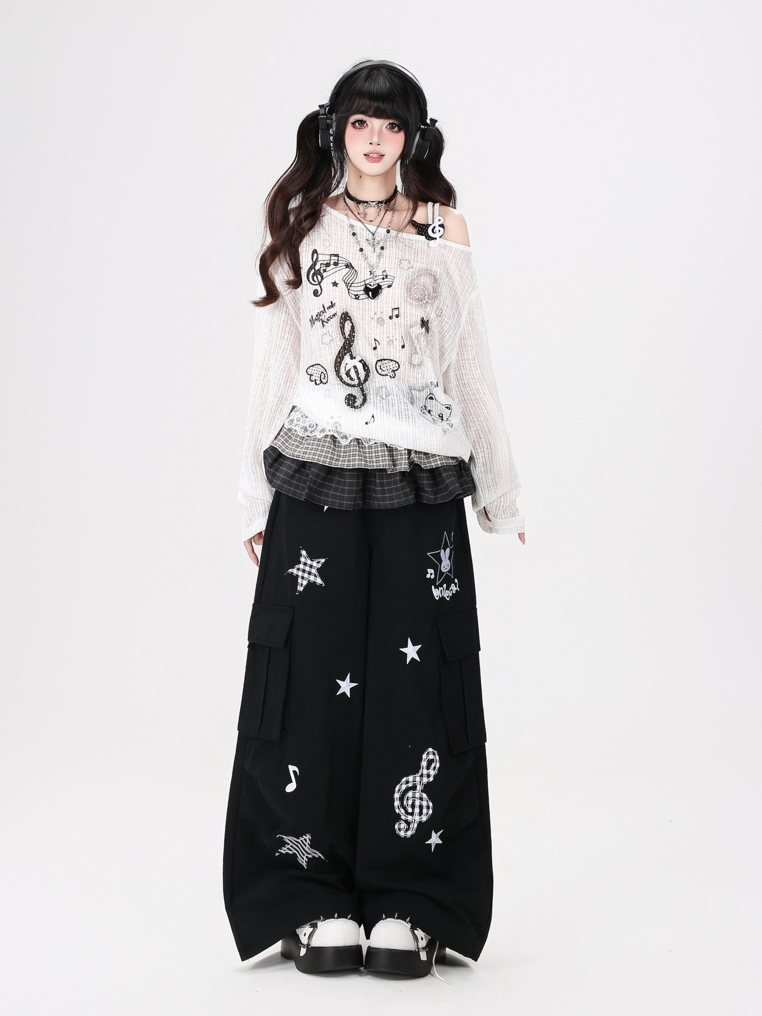 Crazy Girl Cute Rabbit Charm High Waist Music Note Embroidery Star Women&