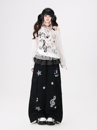 Crazy Girl Cute Rabbit Charm High Waist Music Note Embroidery Star Women&