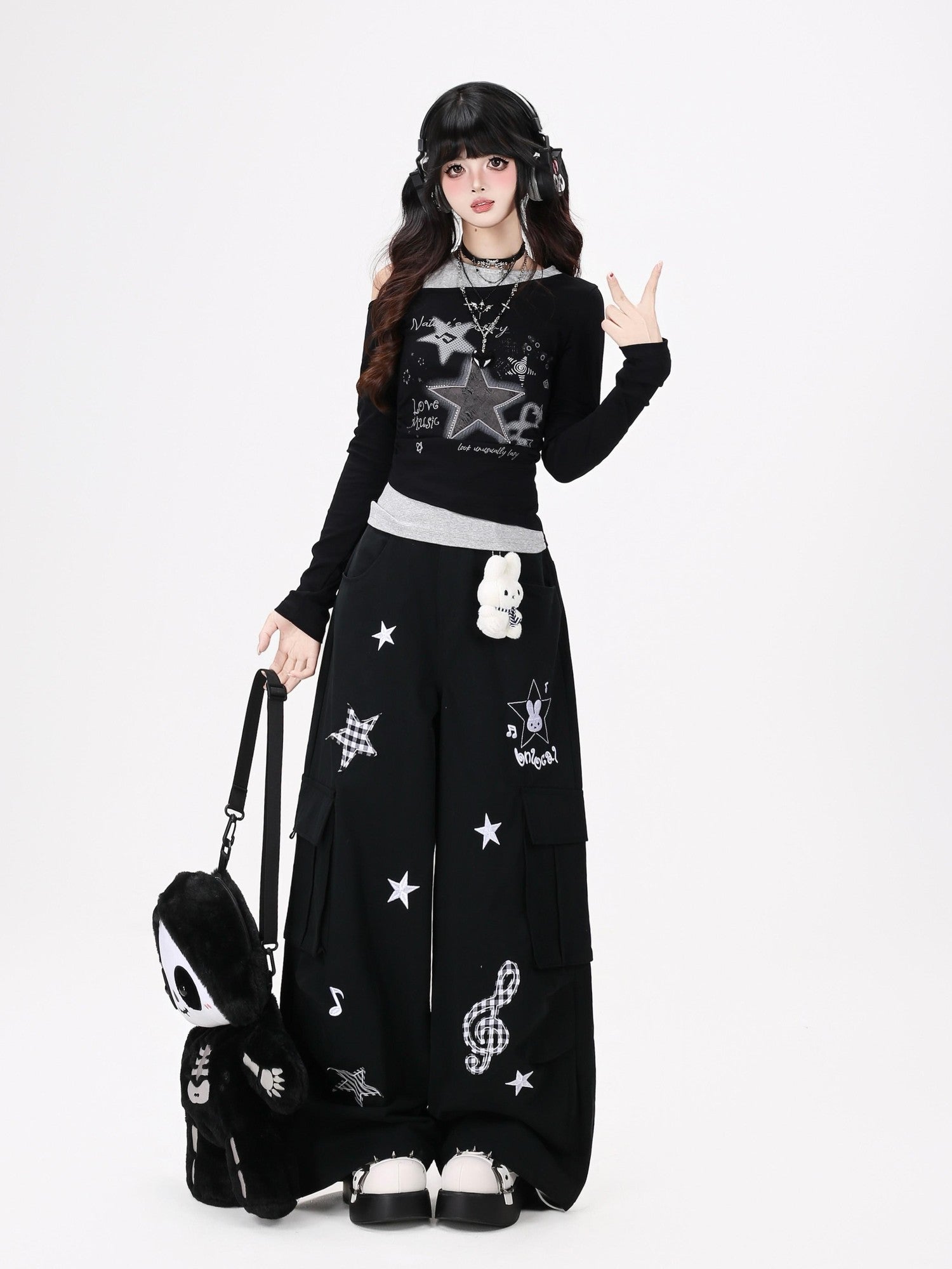 Crazy Girl Cute Rabbit Charm High Waist Music Note Embroidery Star Women&