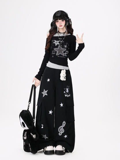 Crazy Girl Cute Rabbit Charm High Waist Music Note Embroidery Star Women&
