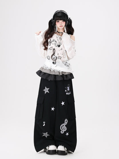 Crazy Girl Cute Rabbit Charm High Waist Music Note Embroidery Star Women&