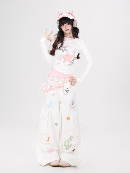 Crazy Girl Cute Rabbit Charm High Waist Music Note Embroidery Star Women&