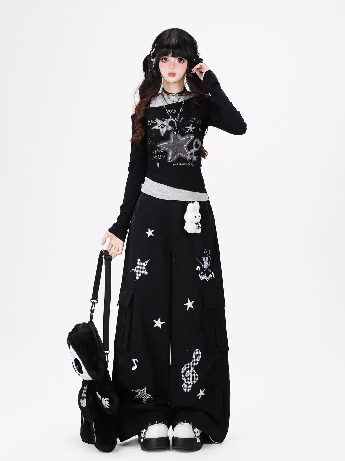 Crazy Girl Cute Rabbit Charm High Waist Music Note Embroidery Star Women&