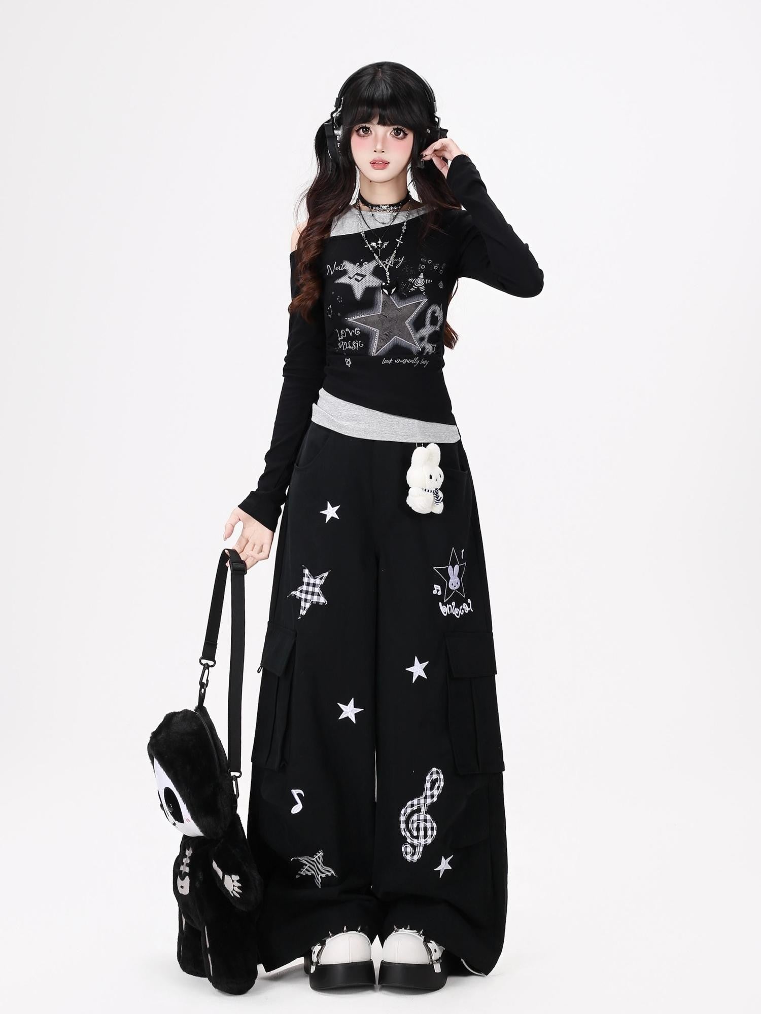 Crazy Girl Cute Rabbit Charm High Waist Music Note Embroidery Star Women&