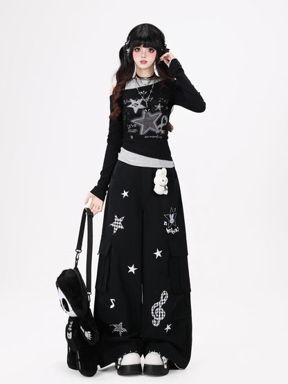 Crazy Girl Cute Rabbit Charm High Waist Music Note Embroidery Star Women&