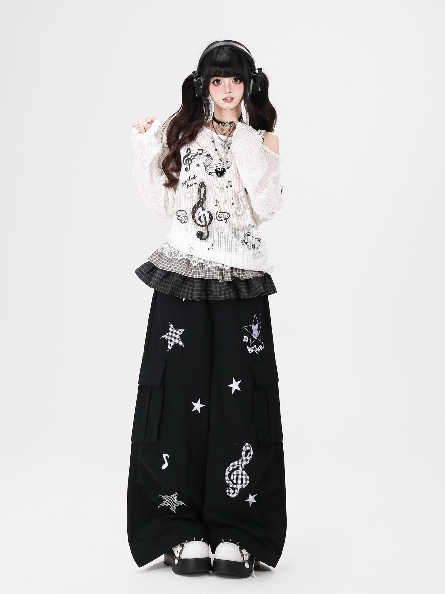 Crazy Girl Cute Rabbit Charm High Waist Music Note Embroidery Star Women&