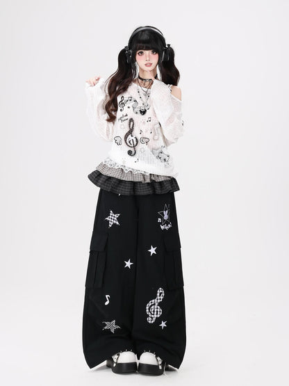 Crazy Girl Cute Rabbit Charm High Waist Music Note Embroidery Star Women&