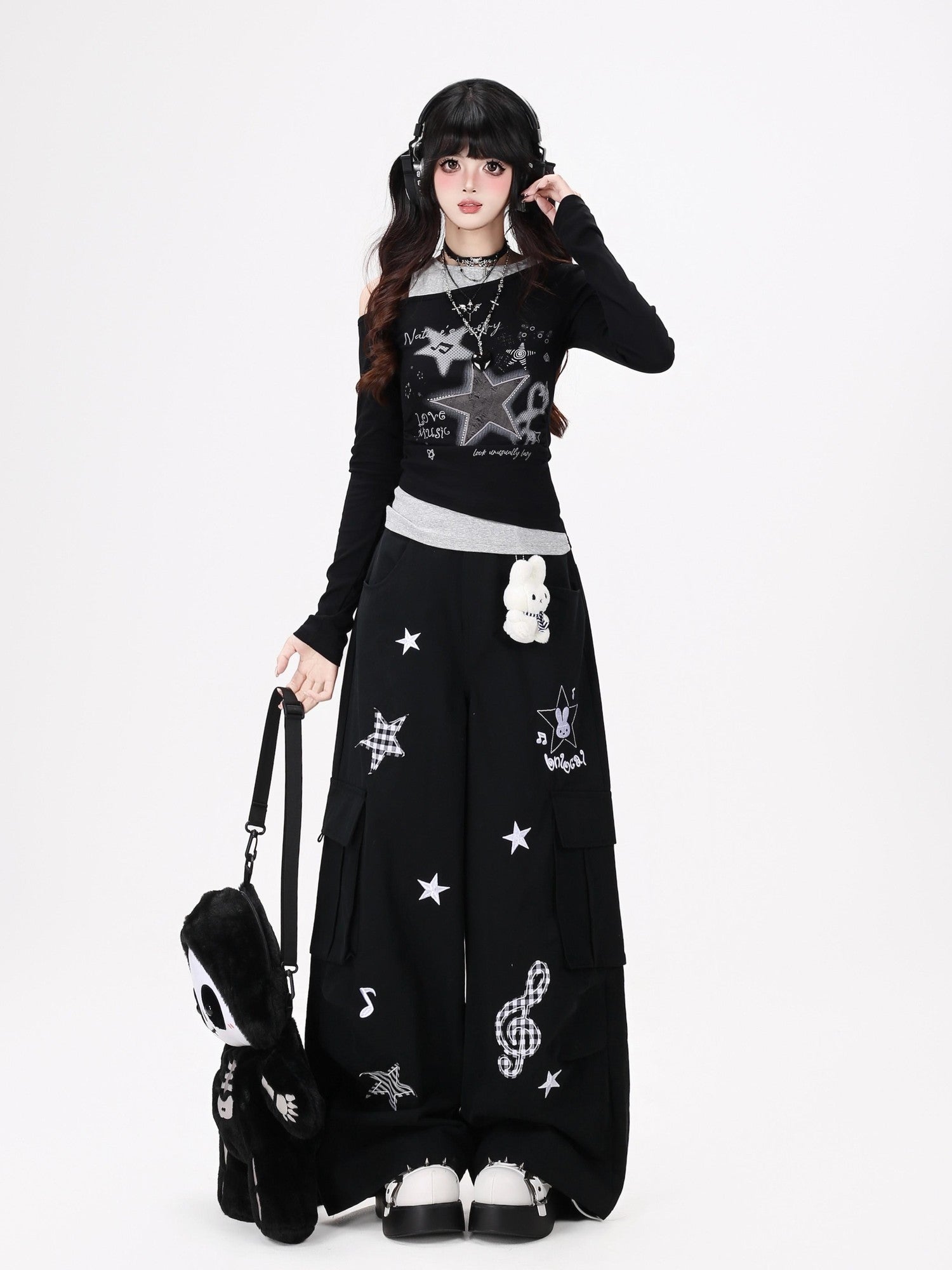 Crazy Girl Cute Rabbit Charm High Waist Music Note Embroidery Star Women&