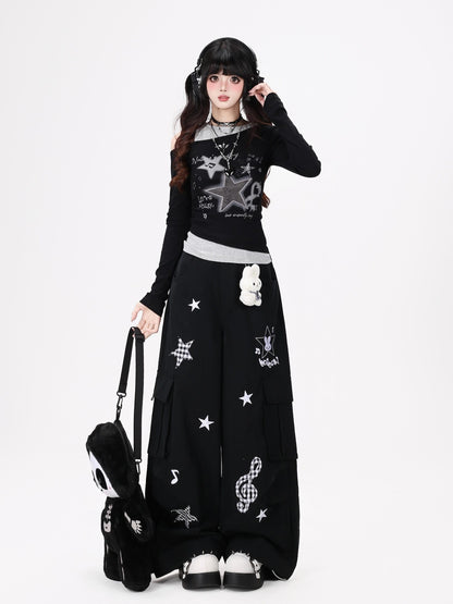 Crazy Girl Cute Rabbit Charm High Waist Music Note Embroidery Star Women&