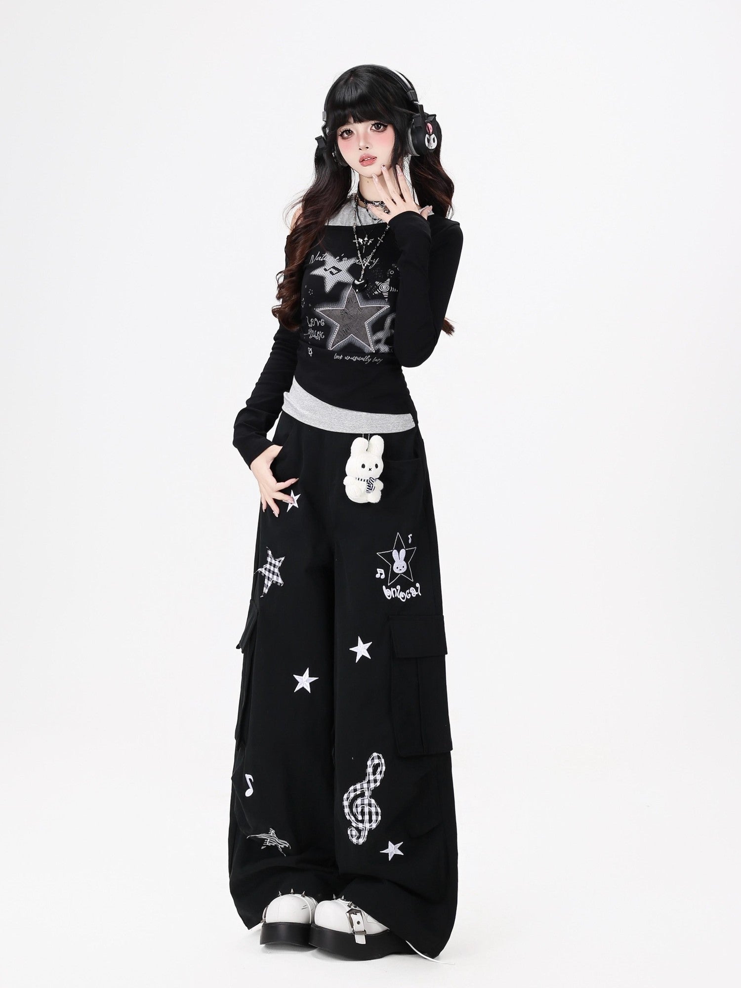 Crazy Girl Cute Rabbit Charm High Waist Music Note Embroidery Star Women&
