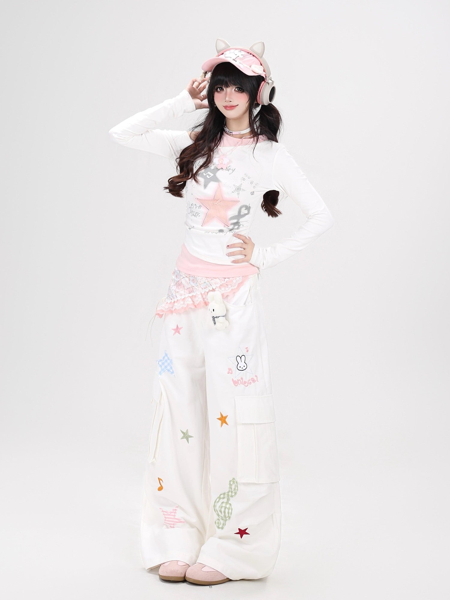 Crazy Girl Cute Rabbit Charm High Waist Music Note Embroidery Star Women&