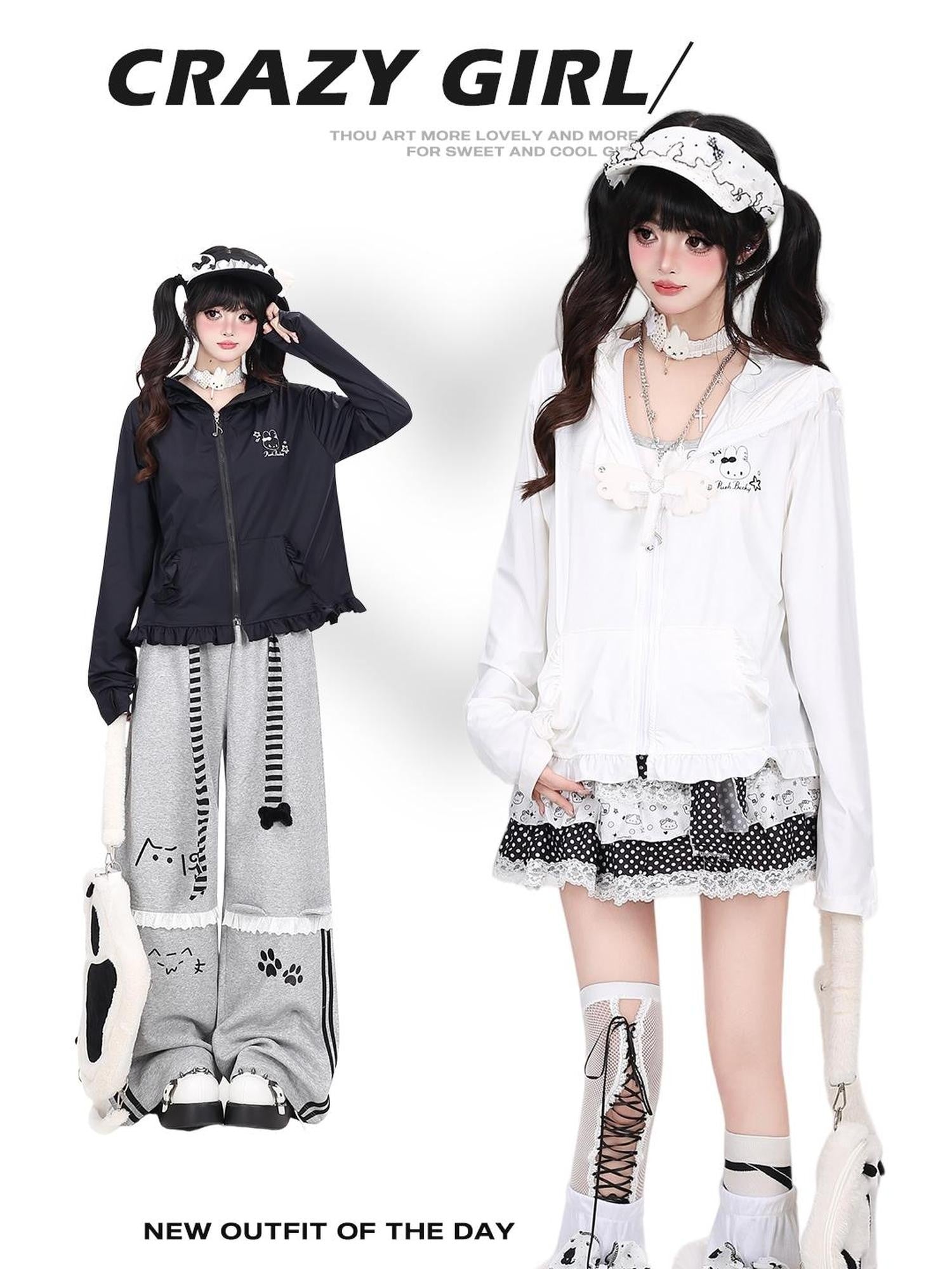 Crazy Girl Cute Rabbit Ear Hood Ruffle Zip Loose Women&