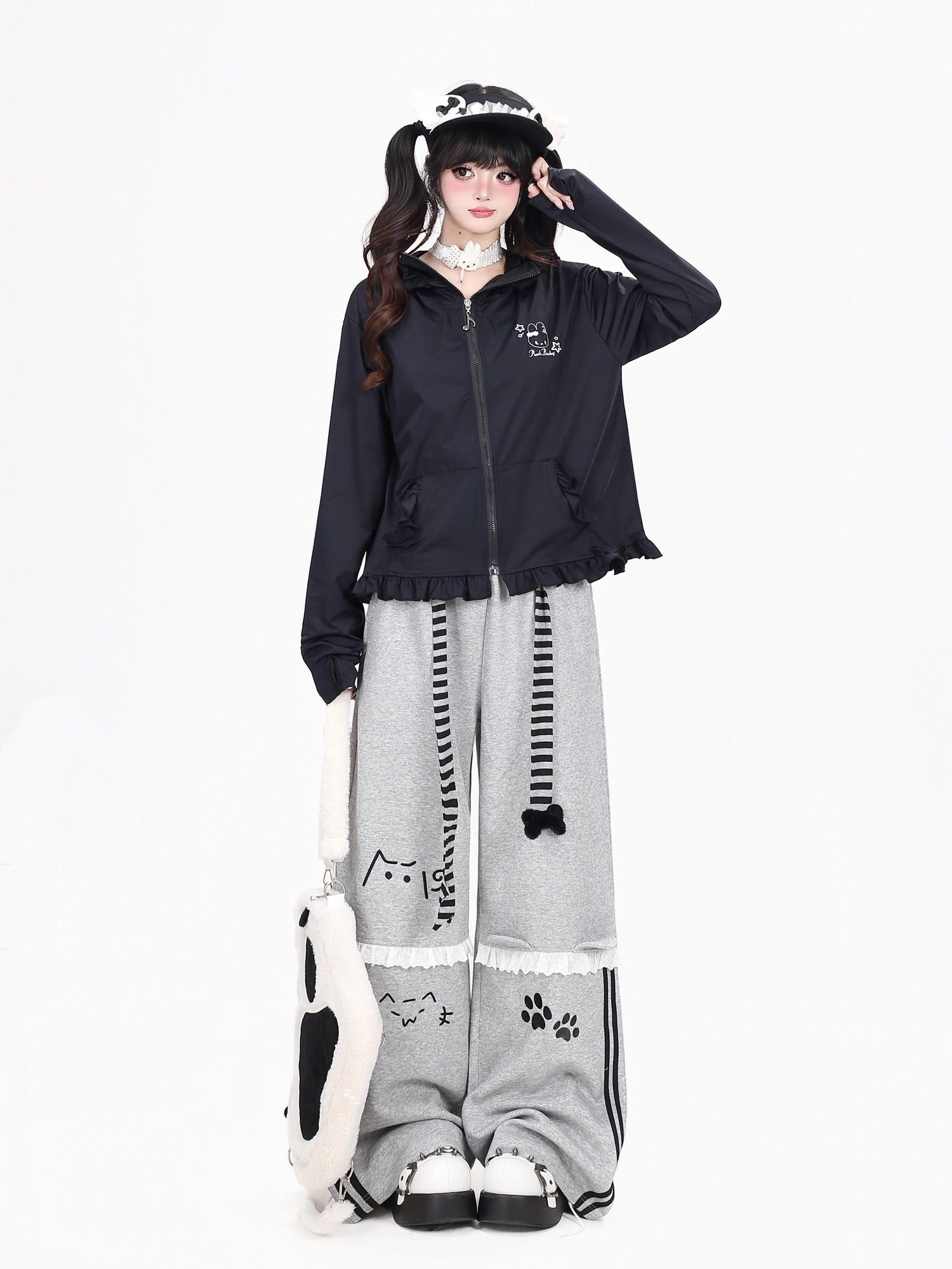 Crazy Girl Cute Rabbit Ear Hood Ruffle Zip Loose Women&