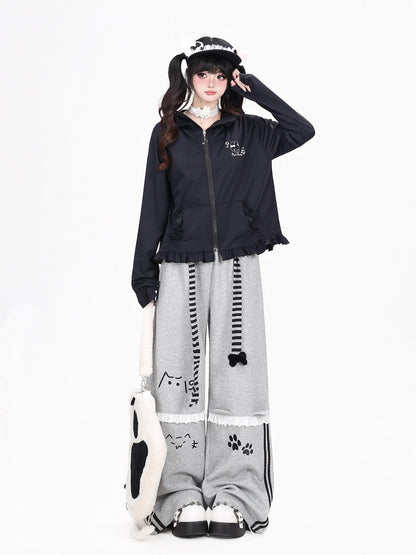 Crazy Girl Cute Rabbit Ear Hood Ruffle Zip Loose Women&