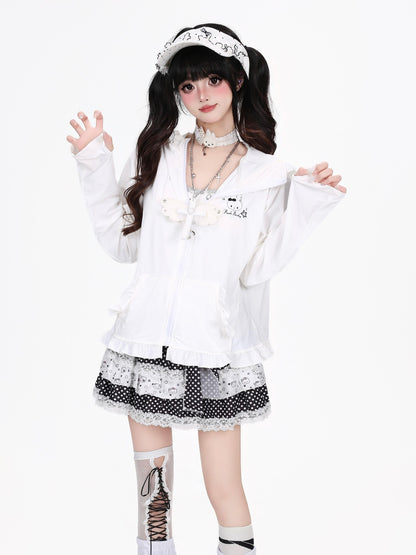 Crazy Girl Cute Rabbit Ear Hood Ruffle Zip Loose Women&