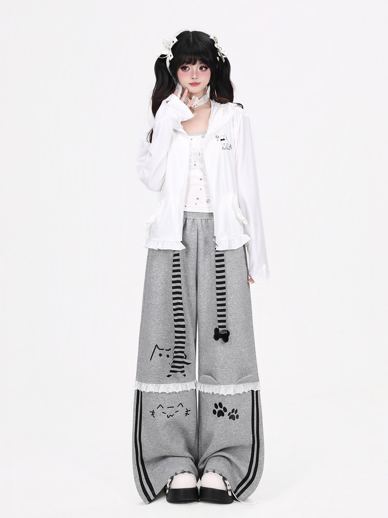 Crazy Girl Cute Rabbit Ear Hood Ruffle Zip Loose Women&