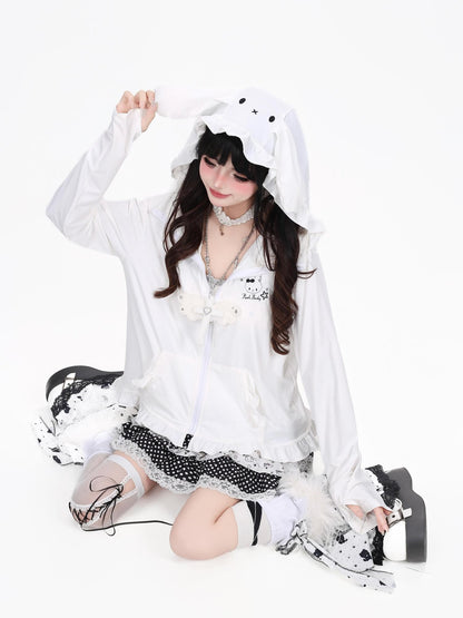 Crazy Girl Cute Rabbit Ear Hood Ruffle Zip Loose Women&