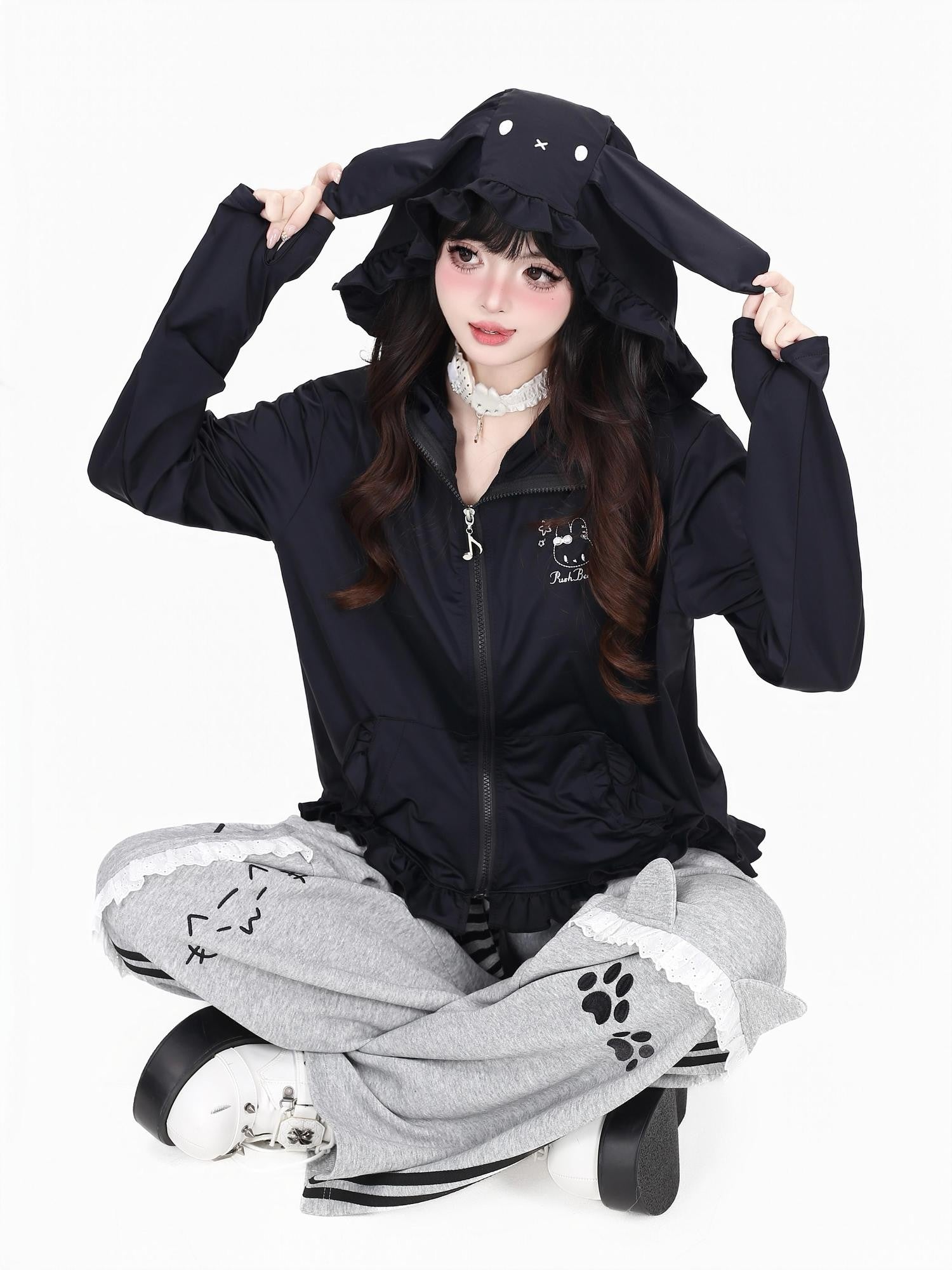 Crazy Girl Cute Rabbit Ear Hood Ruffle Zip Loose Women&
