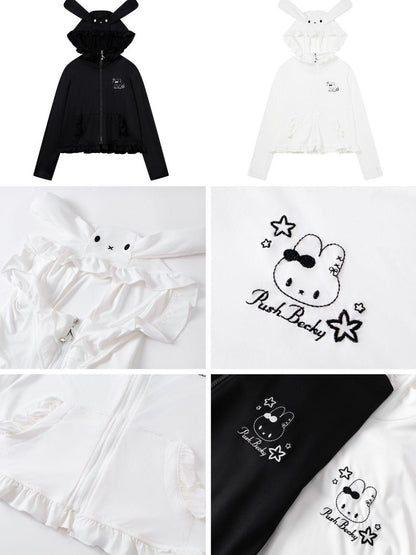 Crazy Girl Cute Rabbit Ear Hood Ruffle Zip Loose Women&