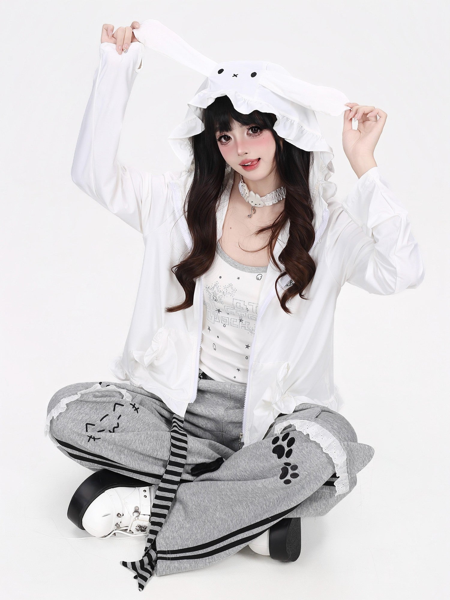 Crazy Girl Cute Rabbit Ear Hood Ruffle Zip Loose Women&