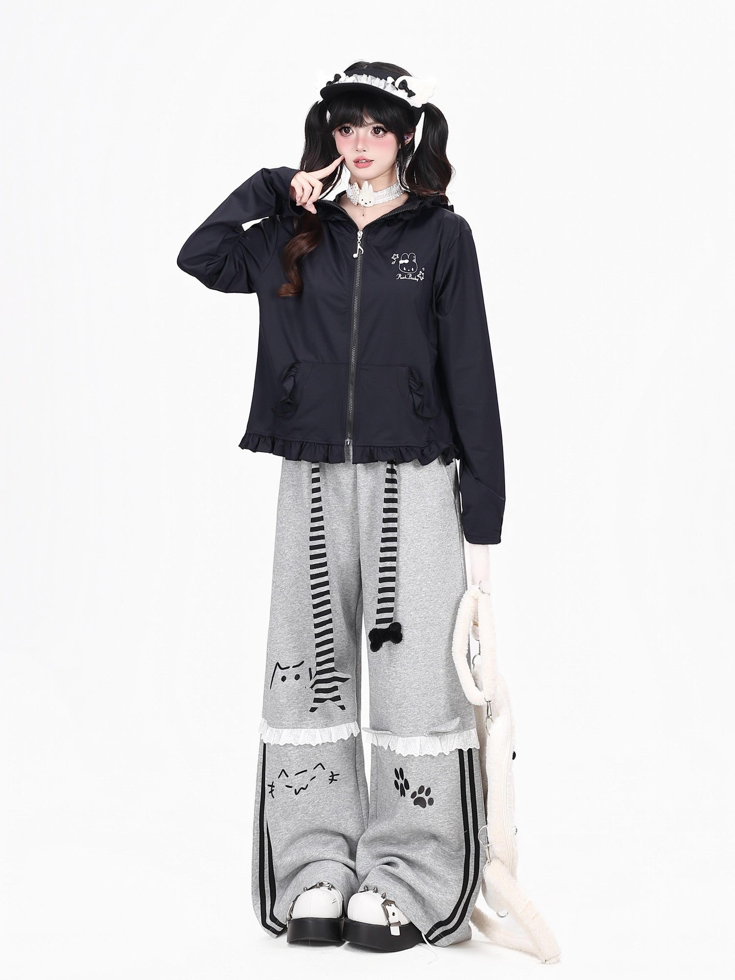Crazy Girl Cute Rabbit Ear Hood Ruffle Zip Loose Women&