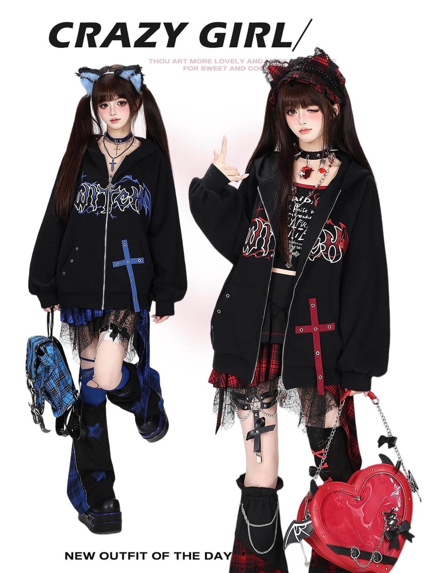 Crazy Girl Dark Demon Horn Gothic Webbing Hooded Loose Women&